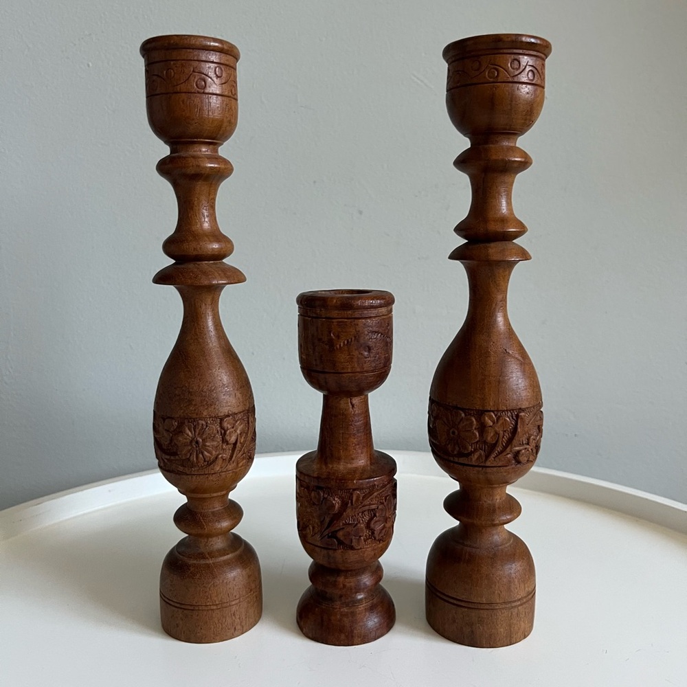 Vintage Set of 3 Hand Carved Wooden Candlesticks Boho Home Decor India